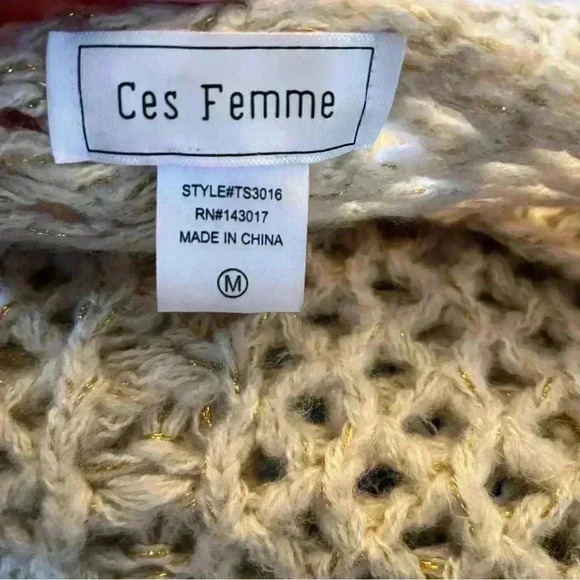 Ces Femme Sweater Cream And Gold Open Weave Knit Women’s Size M Holiday Cozy - Picture 6 of 9
